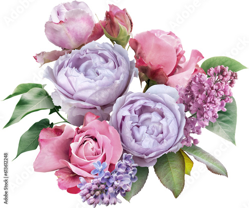 Roses and lilac isolated on a transparent background. Png file. Floral arrangement, bouquet of garden flowers. Can be used for invitations, greeting, wedding card.