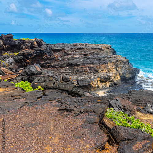 The Volcanic Shoreline of Keoneloa Bay Near Makahuena Point, Keoneloa Bay Trail, Poipu, Koloa, Kauai, Hawaii, USA photo