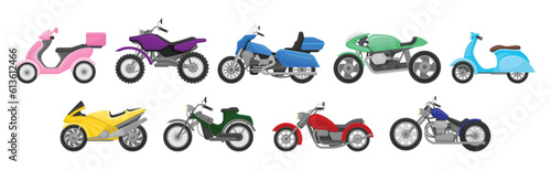 Bike and Motorbike as Motor Vehicle with Saddle Seat and Handlebar Vector Set