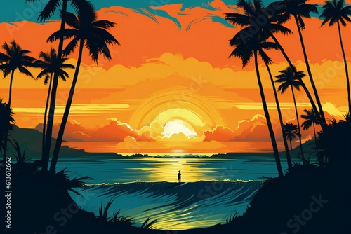 Sunset vintage retro style beach surf poster background Generative AI