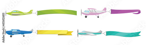 Airplanes with Banner and Fluttering Color Poster Vector Set