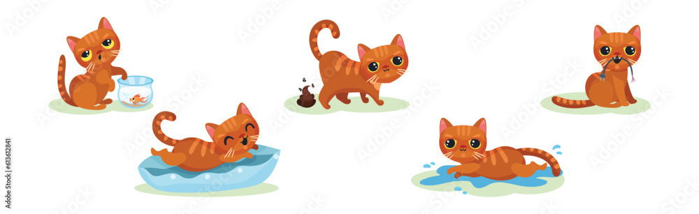 Fototapeta premium Naughty Kitten in Different Situation as Mischievous Domestic Pet Vector Set