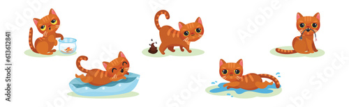Naughty Kitten in Different Situation as Mischievous Domestic Pet Vector Set