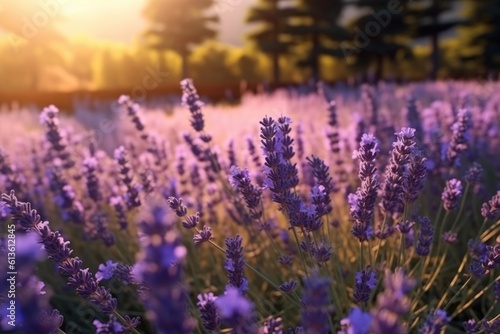 Sunset over a violet lavender field   AI Generated