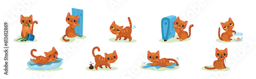 Naughty Kitten in Different Situation as Mischievous Domestic Pet Vector Set