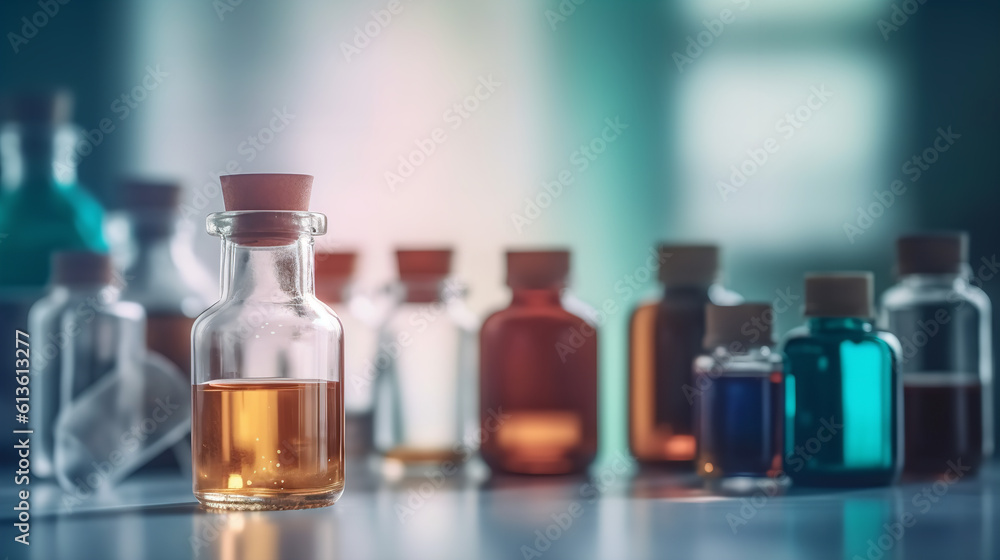 different bills and bottles for pharmaceutical and healthcare medication and drug research labs concepts with copy space area