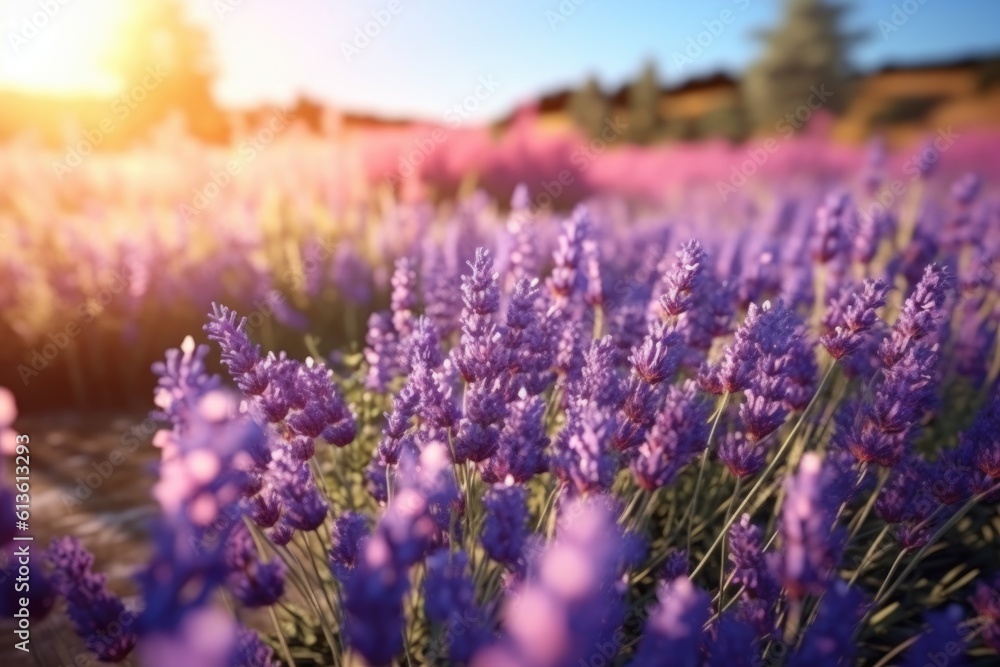 Obraz premium Sunset over a violet lavender field , AI Generated