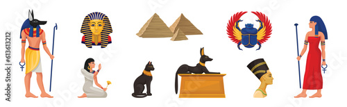Ancient Egyptian Deity and Egypt Symbol Vector Illustration Set