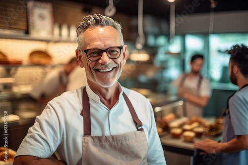Portrait of smiling senior man standing with arms crossed in a bakery