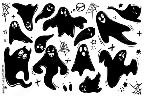 Set of silhouettes of funny ghost characters.Vector graphics.