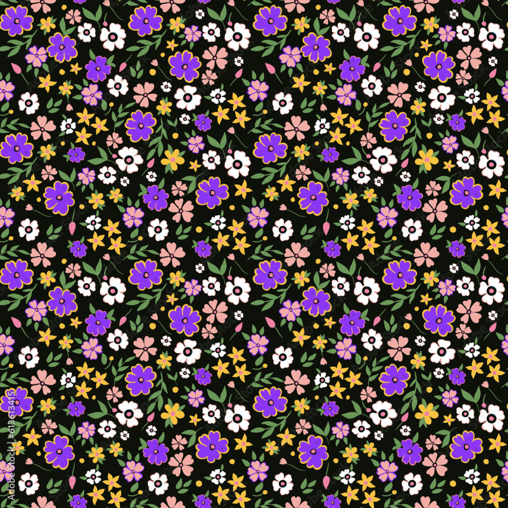 Trendy seamless botanical textile print.Small multi-colored flowers on a dark background seamless pattern for fabric, paper. Vector, hand drawn, Floral fashion pattern, ditsy print