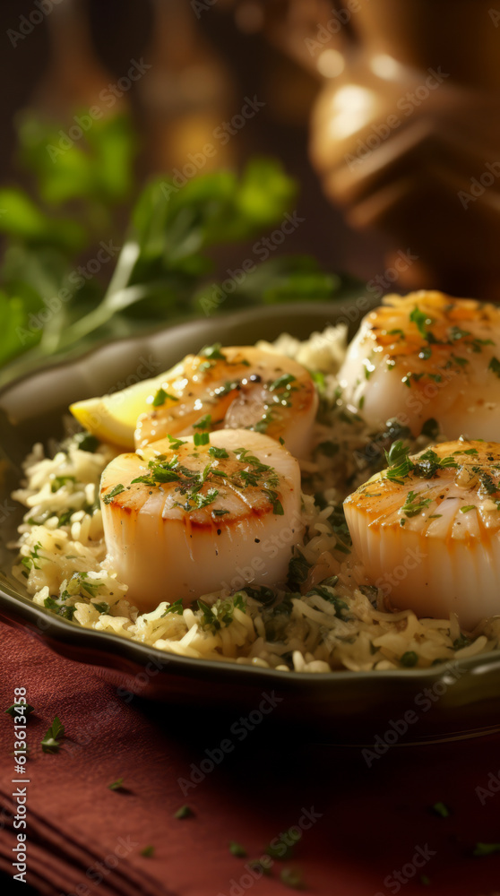 Baked scallops with herbed butter and rice