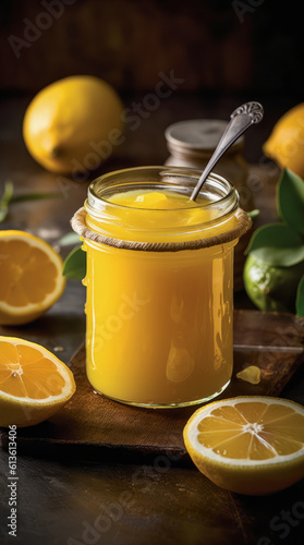 Jar full of creamy yellow lemon curd with lemons on background.