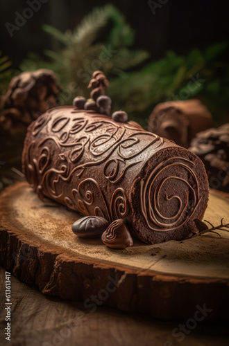 A log-shaped Christmas sponge cake, covered in chocolate or Buche de Noel.