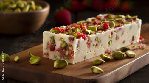 Strawberry pistachio white nougat bar on wooden board topped with chopped nuts and berries. photo
