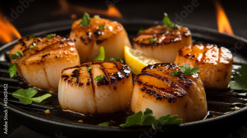Grilled scallops with herb butter sauce photo