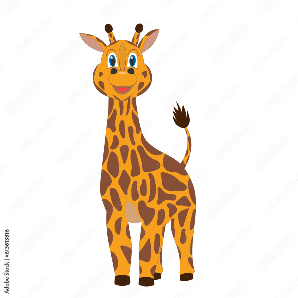 Obraz premium Cute happy giraffe, cartoon character. Vector illustration.