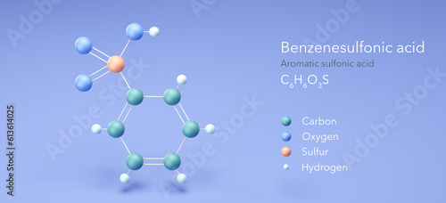 benzenesulfonic acid molecule, molecular structures, aromatic sulfonic acid, 3d model, Structural Chemical Formula and Atoms with Color Coding photo