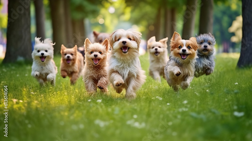 group of dogs in field