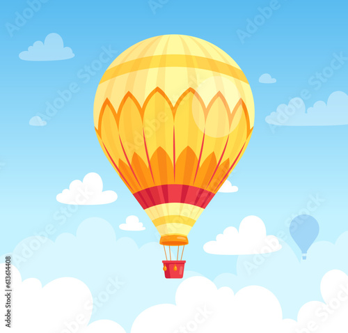 Hot air balloon. Vector illustration of air balloon, airships with basket in the sky with clouds. Romantic concept for festival poster, web banner, greeting card, envelope. Summer honeymoon trip