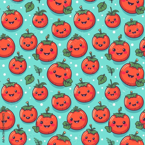 Cartoon seamless pattern with cute funny red tomatoes on pastel blue background. Generative AI.