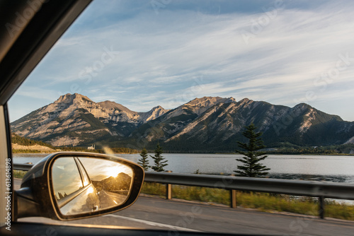 Passenger view from a car on a road in the mountains