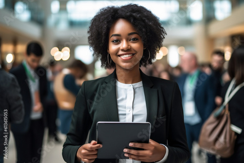 Professional Black African American Woman holding a Tablet during Business Seminar Corporate Meeting Event Workshop Conference Women in Business, Latina, Diversity, generative ai