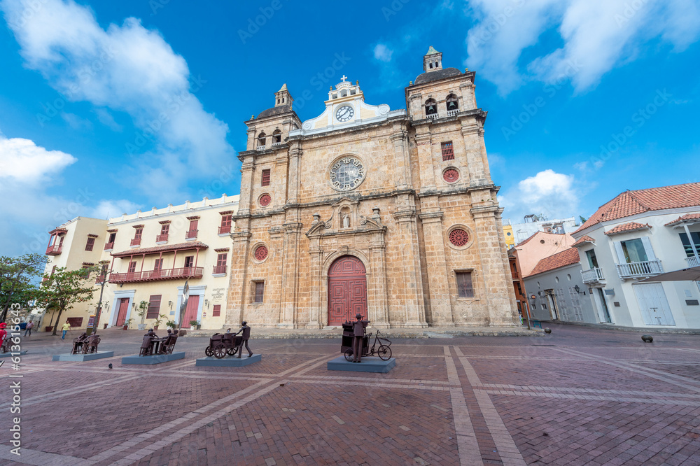 Cartagena, Bolivar, Colombia. March 16, 2023: Architecture of the San Pedro de Claver Church.