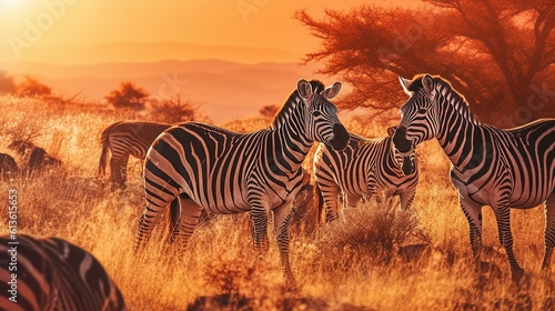 Amazing african zebras at sunset concept Generative AI