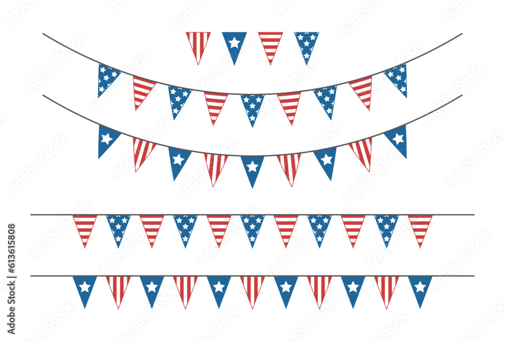 Obraz premium Bunting for USA independence day. Triangle garland set. Isolated vector. Transparent background.