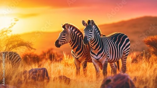 Amazing african zebras at sunset concept Generative AI