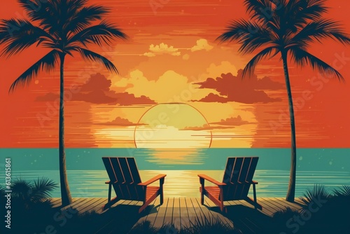 Vacation, summer sunset, retro and modern style, for a greeting card Generative AI