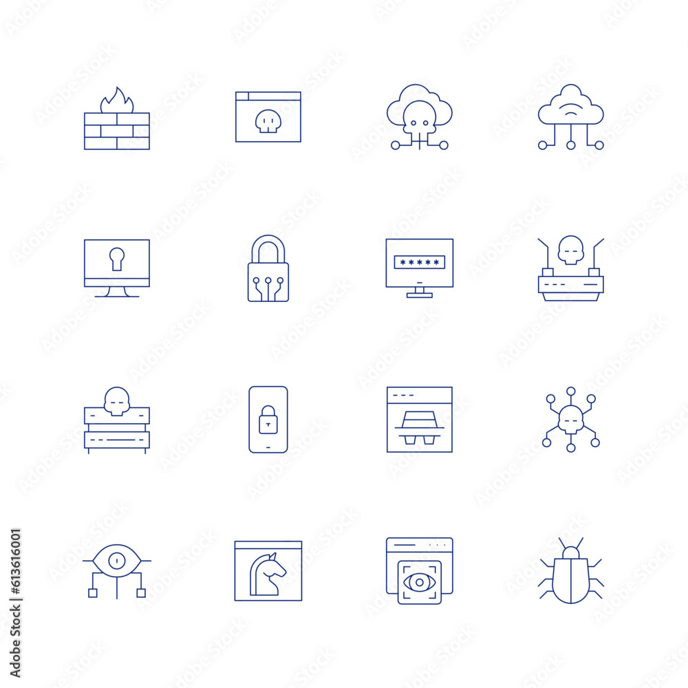Cyber security line icon set on transparent background with editable stroke. Containing firewall, hacker, hacking, virtual, lock, padlock, password, wifi, server, smartphone, spy, virus, spyware.