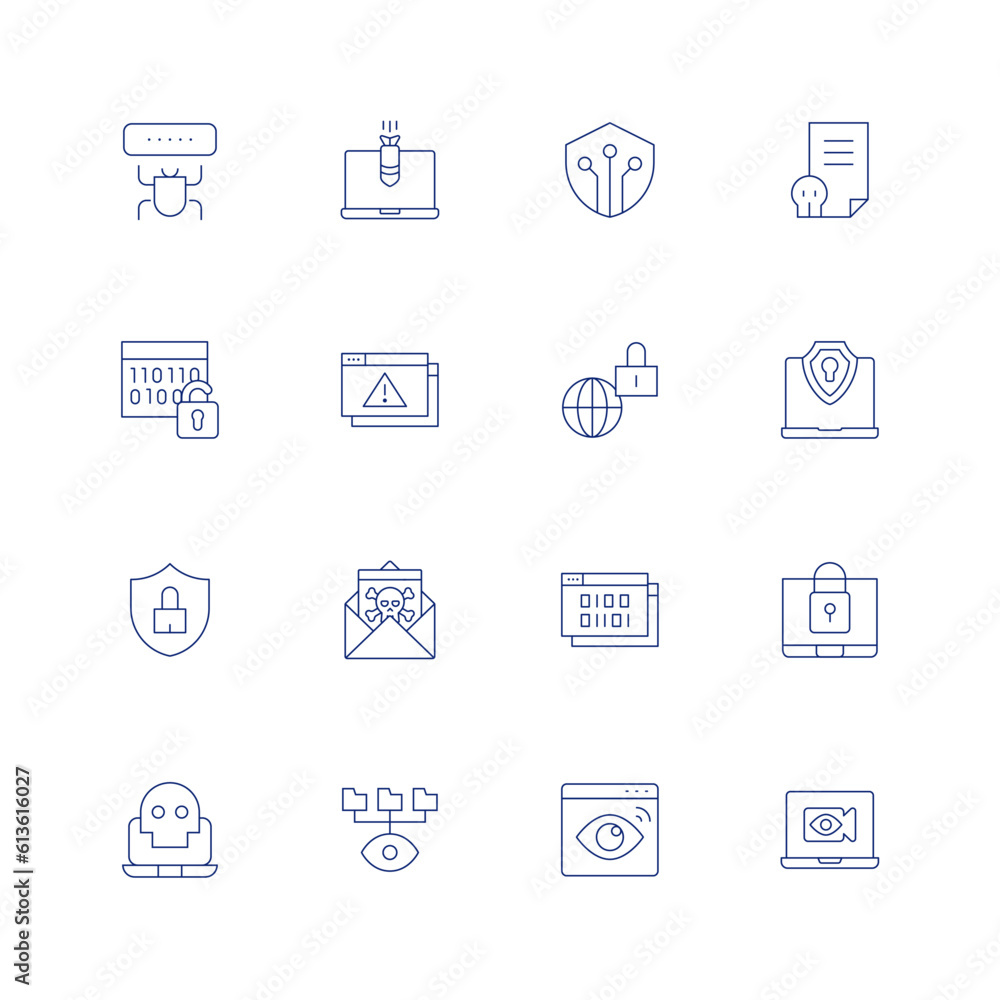 Cyber security line icon set on transparent background with editable stroke. Containing bug, ddos, digital security, file, cyber attack, hacking, internet, laptop, cyber security, virus, web.