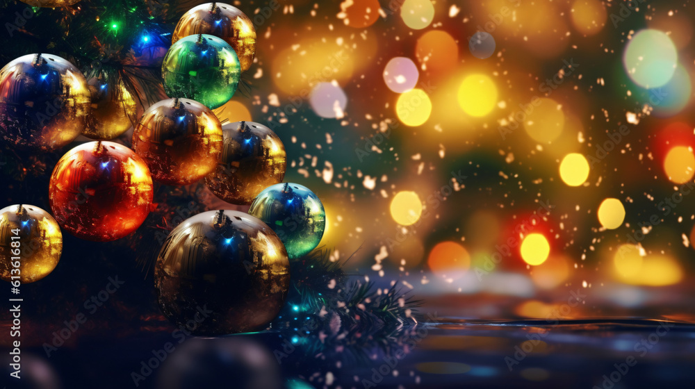 Fototapeta premium Weihnachtskugeln, Baum mit Freiraum. Hintergrund, Weihnachtskarte Generative AI