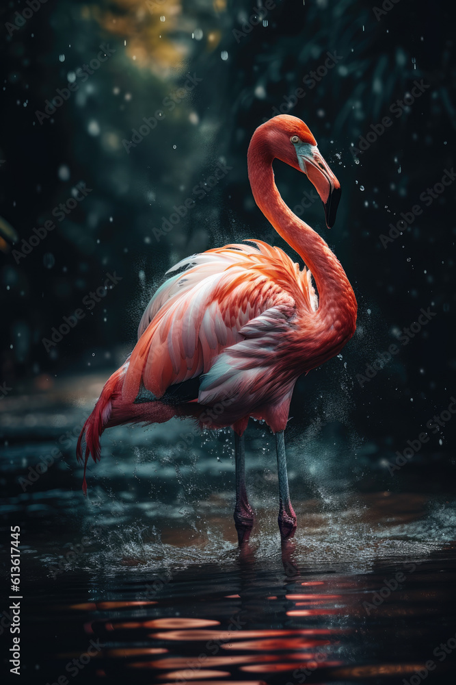 Fototapeta premium Majestic photo of a Flamingo in Action: Captivating Photography. wildlife concept AI Generative
