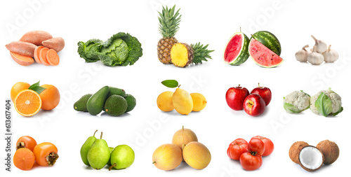 Collage of fresh vegetables and fruits isolated on white