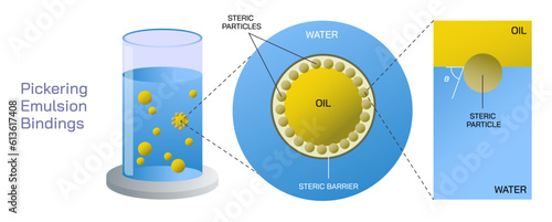 Emulsification vector illustration. dispersing liquid with immiscible components. Instability of emulsion. what is solution. types of mixtures, bioactive component and encapsulating material. process