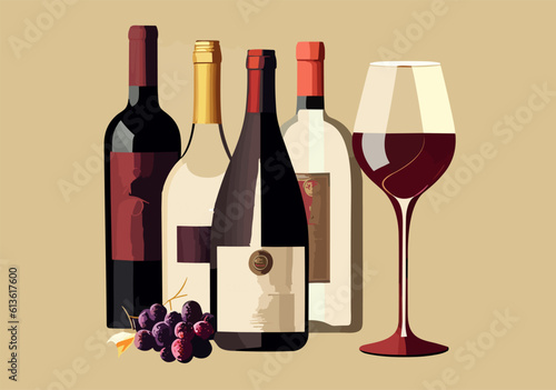 four different bottles of wine and a glass filled with red wine