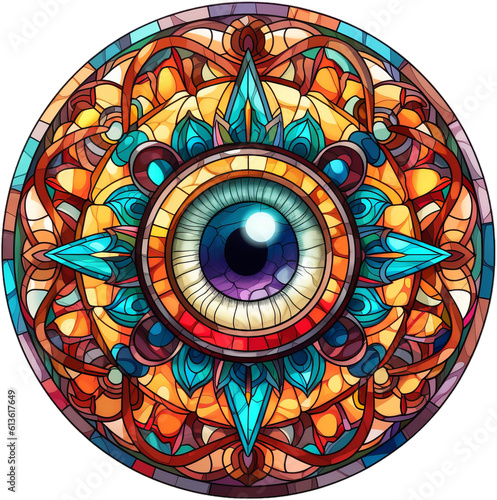 Round stained-glass illustration of the evil eye (Turkish eye symbol amulet) in a stained-glass/mosaic frame. AI-generated art. photo