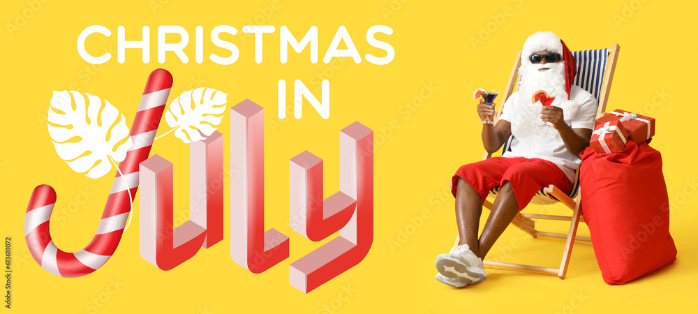 Banner with text CHRISTMAS IN JULY and African-American Santa Claus with cocktails and gifts sitting on beach chair