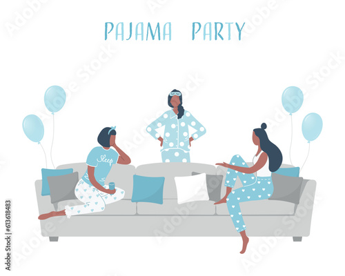 Pajama party. Young women in blue pajamas are sitting on the couch and talking. Blue balloons here. Slumber party. Vector illustration.