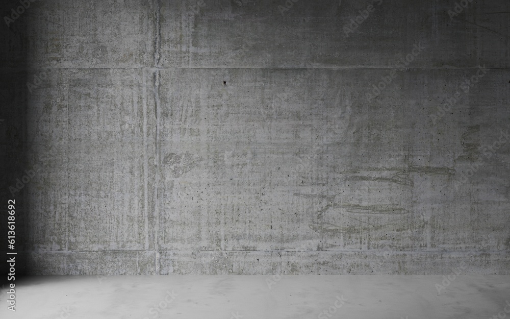 Fototapeta premium Concept empty room with concrete wall, textured grunge. Wall background 3D illustration rendering. Dirty vintage pattern on the wall and floor. Cement backdrop
