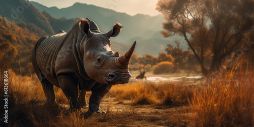 Powerful Rhino. Impressive rhinoceros in motion on its natural habitat. Wildlife photography concept. AI Generative