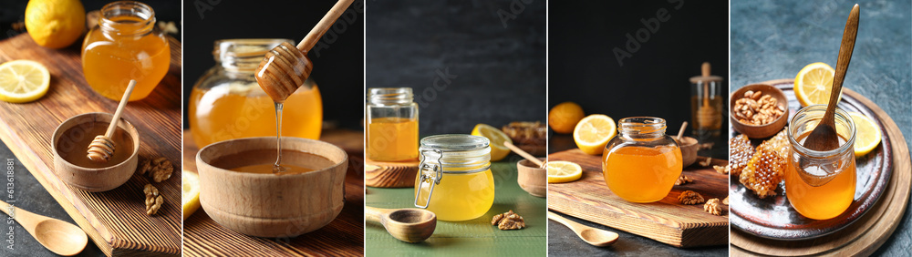 Collage of golden honey on dark background Collage of golden honey on dark background