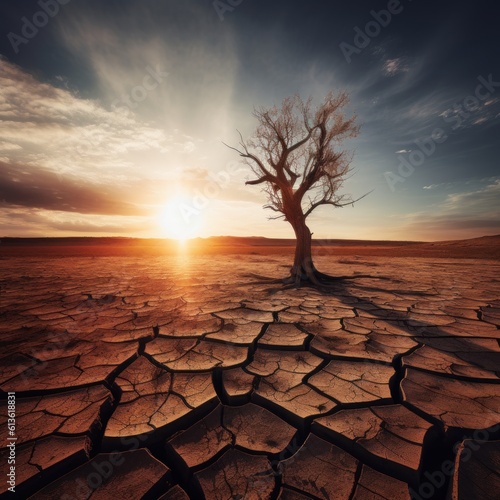 cracked drought landscape with dead tree and sun