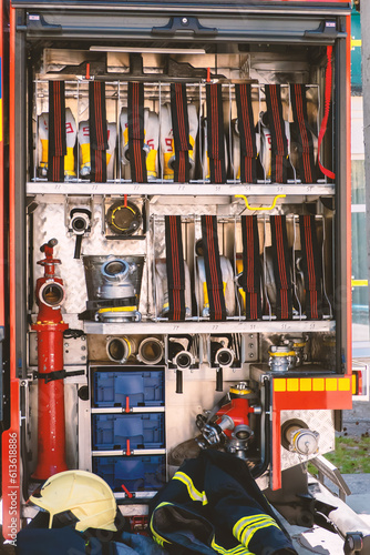 Modern fire engine. Side view. The hoses are assembled in a roll.