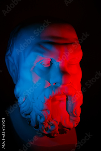 Socrates is a plaster head for training artists, illuminated in different colors