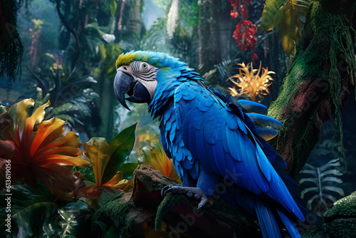 Wallpaper Mural Bright big blue and yellow macaw sitting in tropical garden  Torontodigital.ca