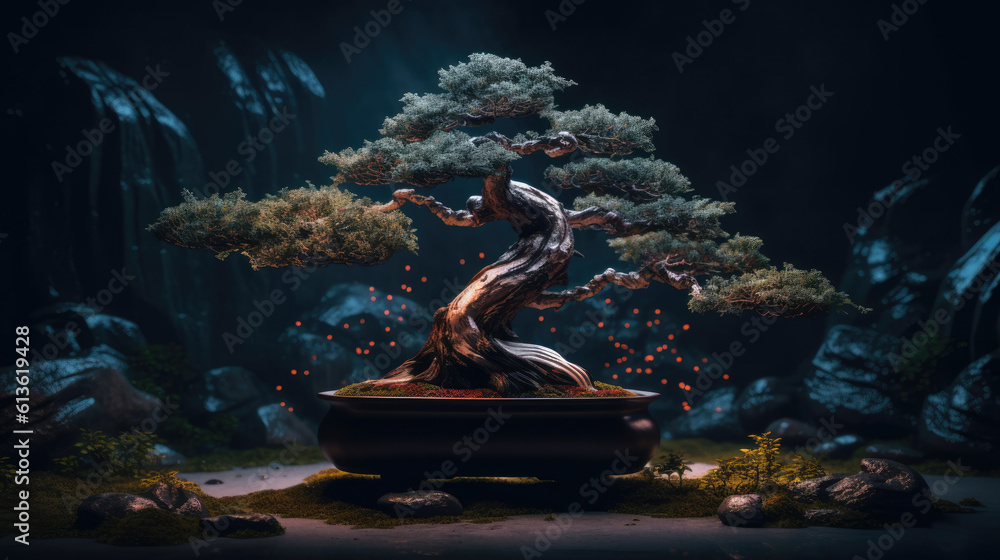 Bonsai Drzewko duże w Ciemnym miejscu - obrazy, fototapety, plakaty 